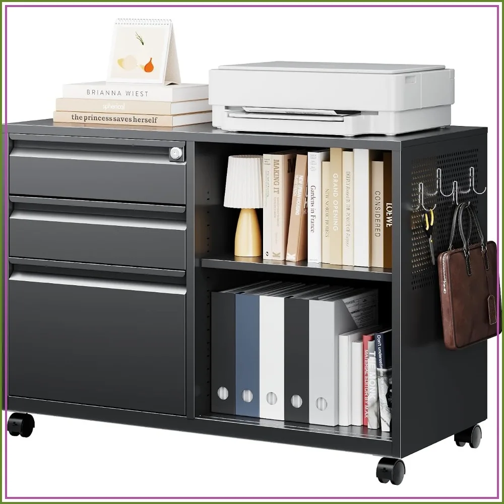 Mobile 3 Drawer File Cabinet with Lock, Metal Rolling Printer Stand, A4/F4/Letter, Black
