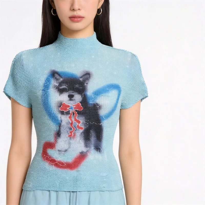 

Miyake Pleated Women Casual Tops 2026 New Japanese Design Cartoon Print High Collar Short-sleeved Slim Sweet T-shirt Small Shirt