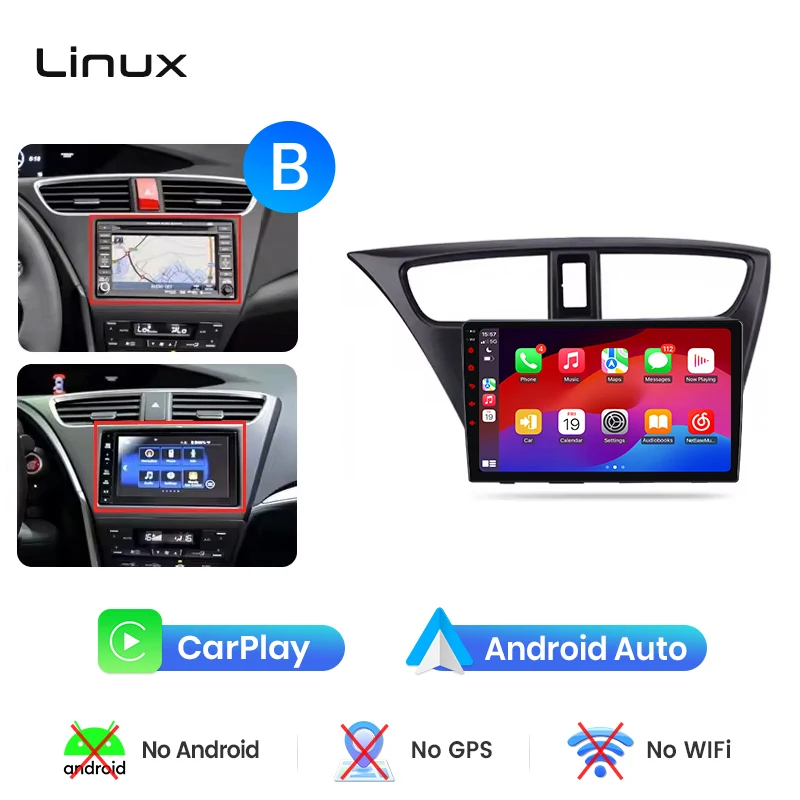 Junsun draadloze CarPlay Android Auto autoradio voor Honda Civic Mk9 (FK/FB) 2011-2017 met ingebouwde koelventilator, Android GPS navigatie, multimediaspeler, WiFi, DSP, RDS, BT, SWC, IPS touchscreen,