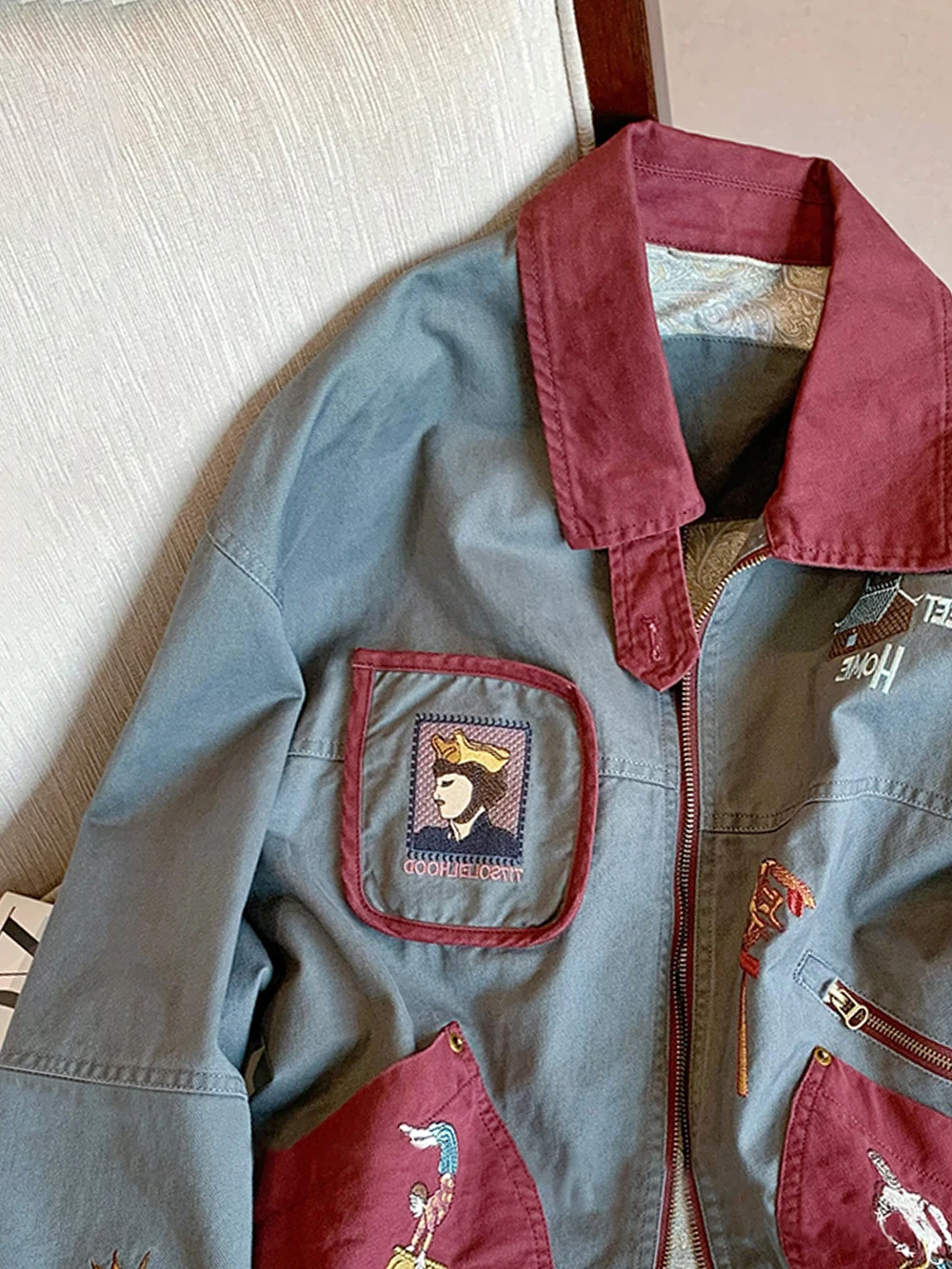 

Retro American Cartoon Embroidery Color Blo Collar Jaet Men's Casual Faionable Spring Autumn Versatile Top