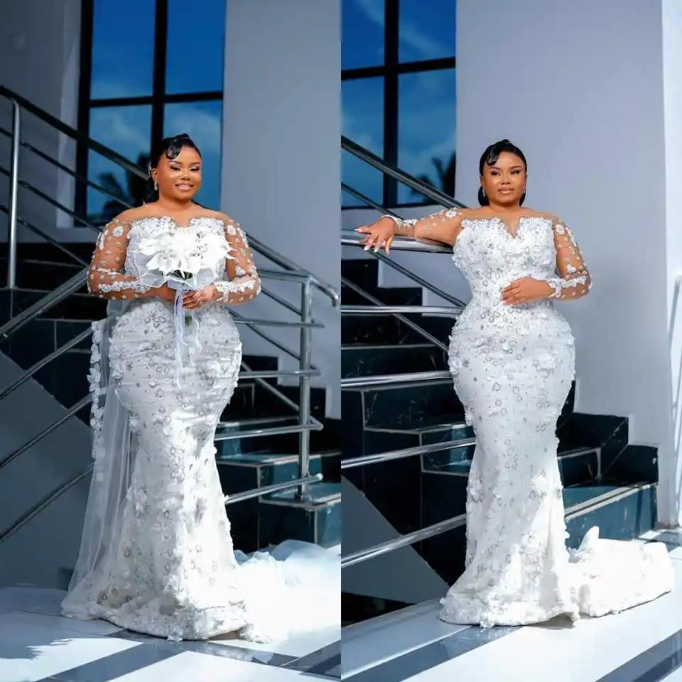 Abiti da Sposa a Sirena Taglie Forti con Applicazioni Floreali 3D, Maniche Lunghe e Perline, Abiti da Sposa per Donne in Gravidanza, Vestito Personalizzato