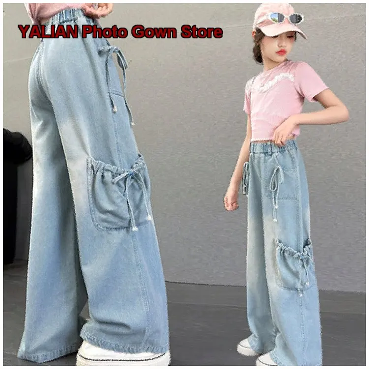 Girls Denim Wide Leg Pants Summer Thin Straight Leg Pockets Drawstring Older Kids