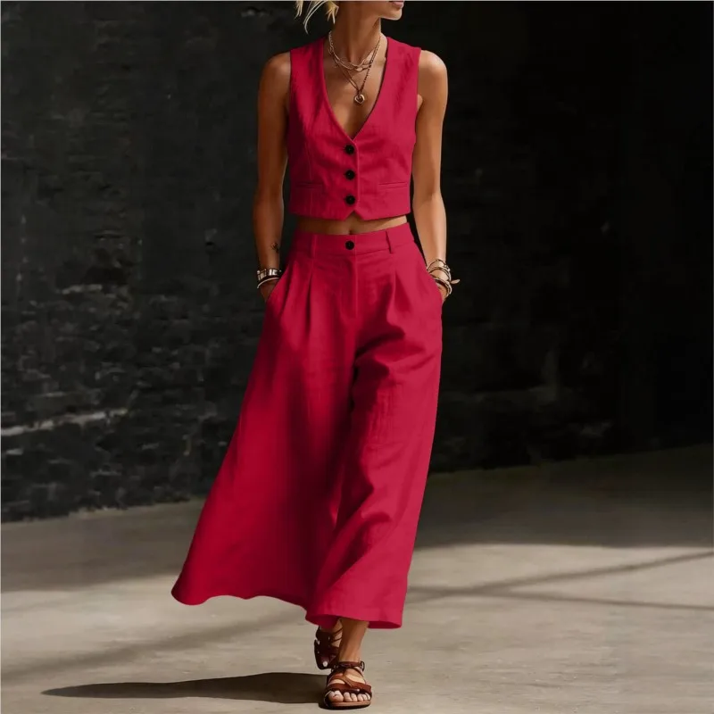 2026 New Summer Women's Pants Set Solid Color With Button Up Waist Casual Loose Style Fashionable Comfortable Wide Leg Pants Set