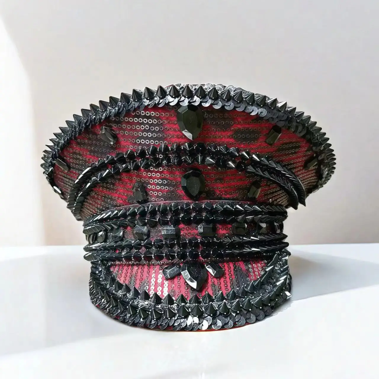 2025 Bling Captain Hat Rhinestone Captains Hat for Men Steampunk Handmade Burning Man Mardi Gras Music Festival HongLuan Unisex