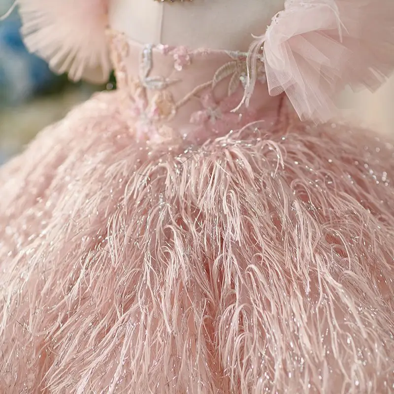 New Gorgeous Girls\' Special Occasion Dress Flower Girl Wedding Dress Pink Flying Sleeves Imitation Feather Pie Evening Dress