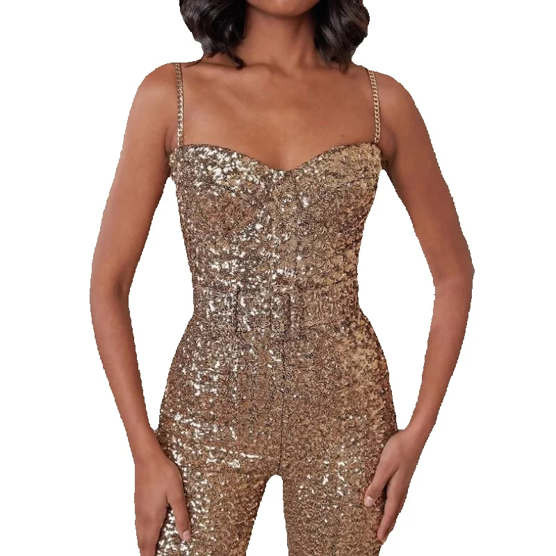 Damesjumpsuits Luxe gouden pailletten Ontwerp Verjaardagsfeestje Clubwear Mouwloze jumpsuits met spaghettibandjes en riem - afbeelding 2