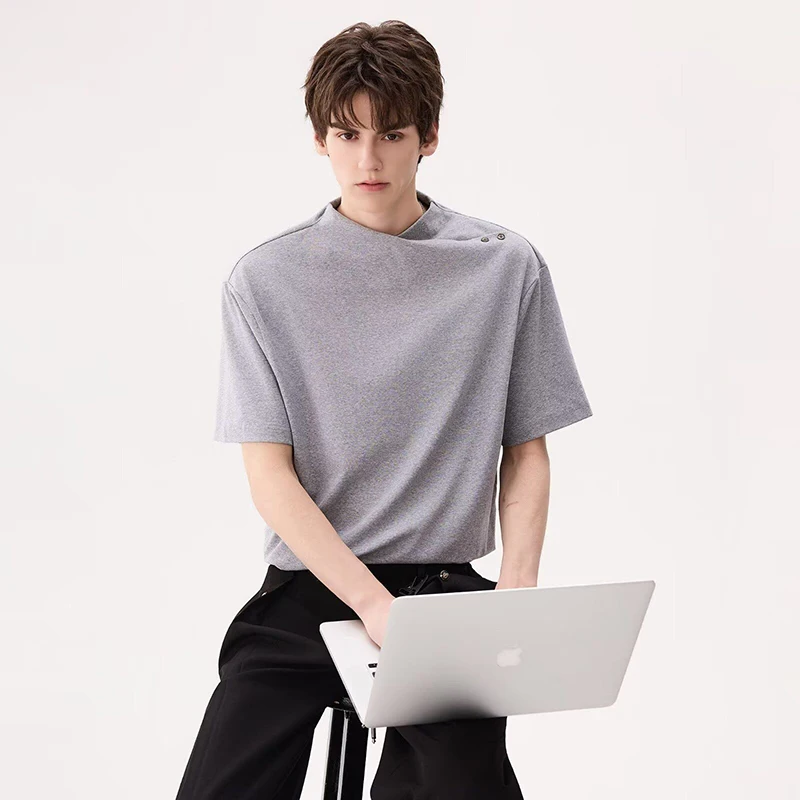 Men American Vintage Deconstruction Solid Short Sleeve Tee Irregular Stand Collar Button Loose Minimalist Casual Streetwear Top