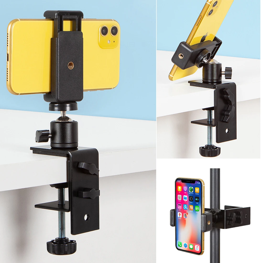

Metal Clamp Mount Stand with Ball Head Clip Holder for iPhone Samsung Xiaomi Huawei Lenovol Android Mobile Phones Tablets PC