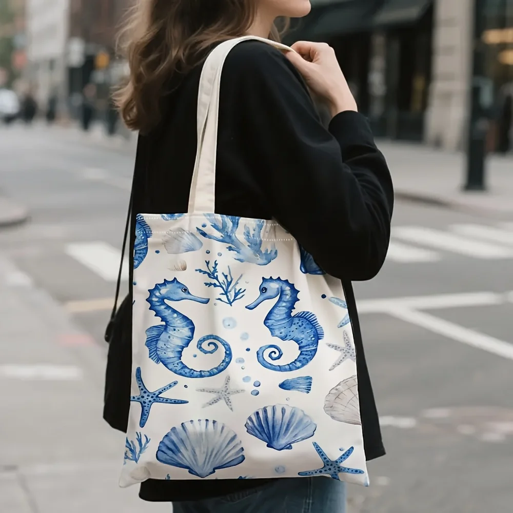 Double-Sided Print, Watercolor Seahorse Ocean Pattern Tote Bag Marine Style Shoulder Bag