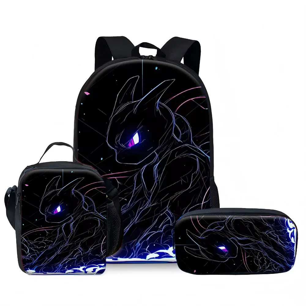 Kids Bag,Pokémon,Mewtwo 3pcs Backpack Set Glowing Neon Anime Print Shoulder Lunch Pencil Case for Kids Boys Girls School Trav
