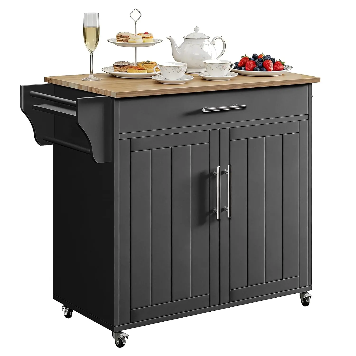 Wooden Rolling Kitchen Island Cart with Countertop Towel Rack Spice Rack Drawers on Wheels Black, Customized