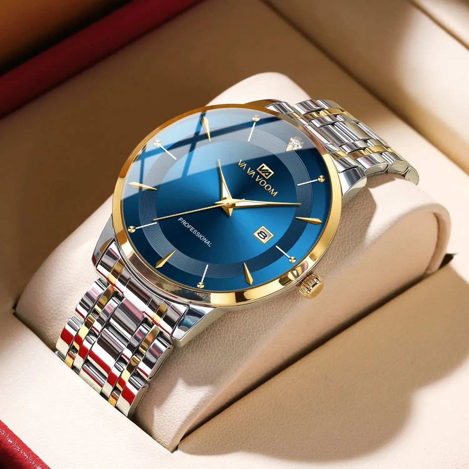 2024 New Men Watch Stainless Steel Business Style Luxury Rhinestone 43mm Blue Gold Quartz Movement Wristwatch Relogios Masculino