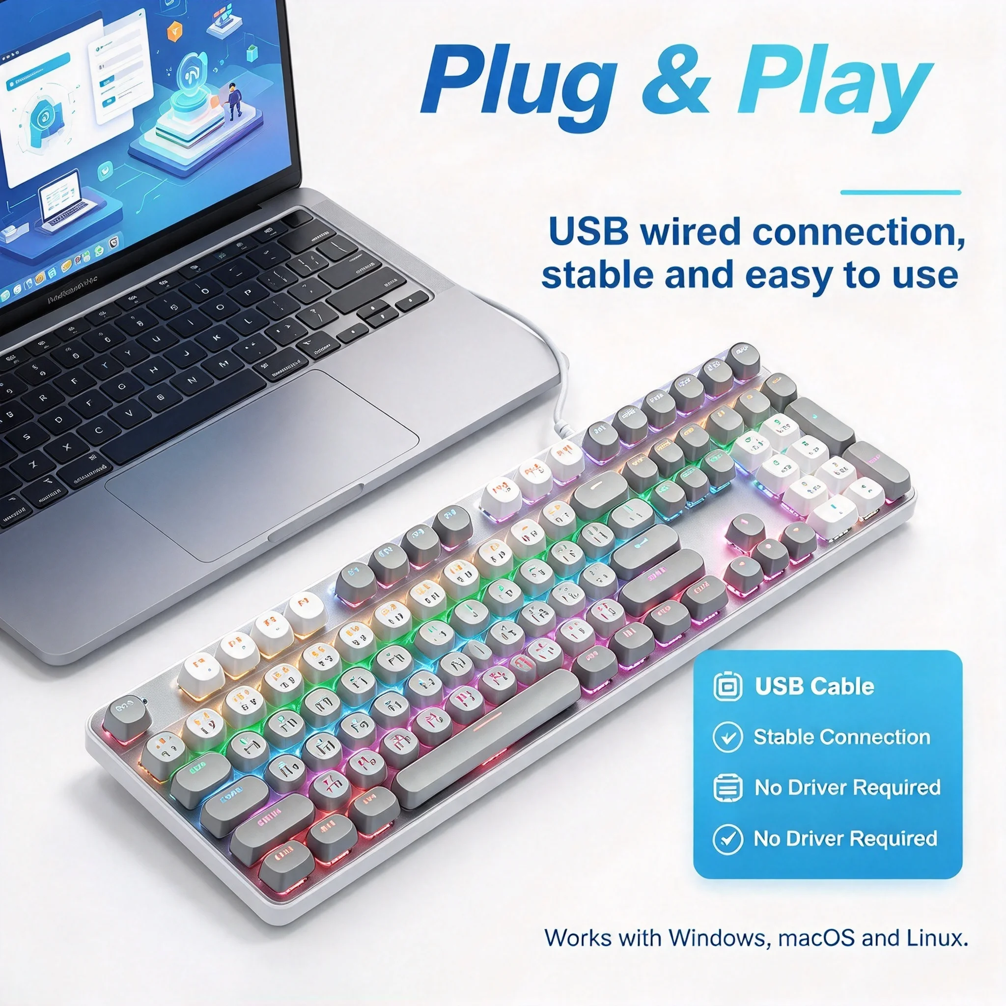 104-Keys Thai Layout Mechanical Keyboard RGB Backlit Ergonomic Design Gamer/Office Stylish Retro Keyboard For PC Computer Laptop