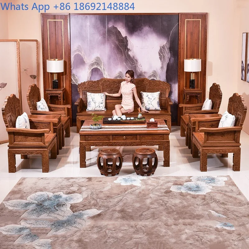 Mahogany Furniture Chicken Wing Wood Three-Seater Large Sofa Set Lazy Sofa Living Room Sofa Chair Combination