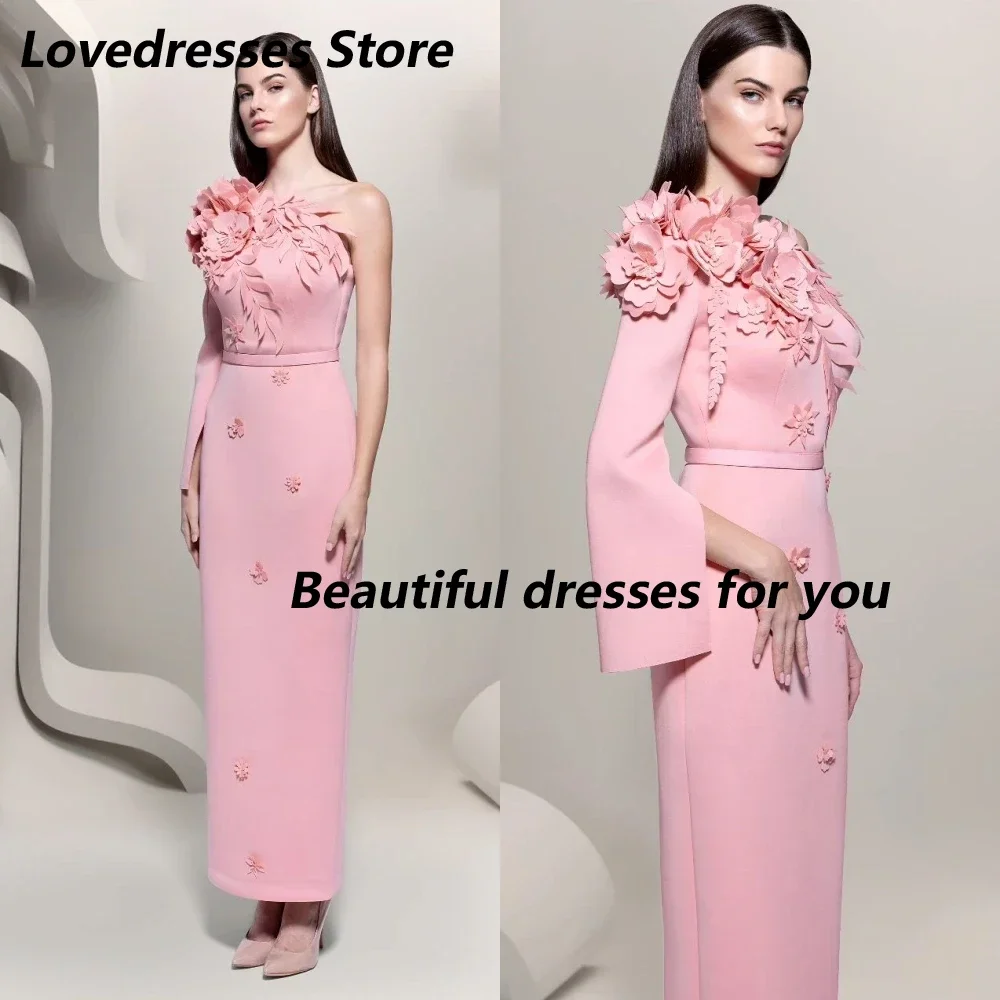 

Elegant Prom Dress Elegant Fashion One-shoulder Hand Made Flower Pink Satin Ankle Length Evening Dresses Customized Long Dress