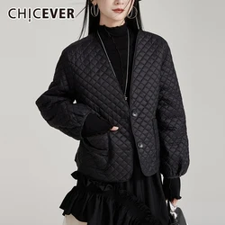 CHICEVER Argyle Cotton Coat For Women V Neck Long Sleeve Spliced Buttons Loose Design Short Jacket Female 2024 New Autumn Style