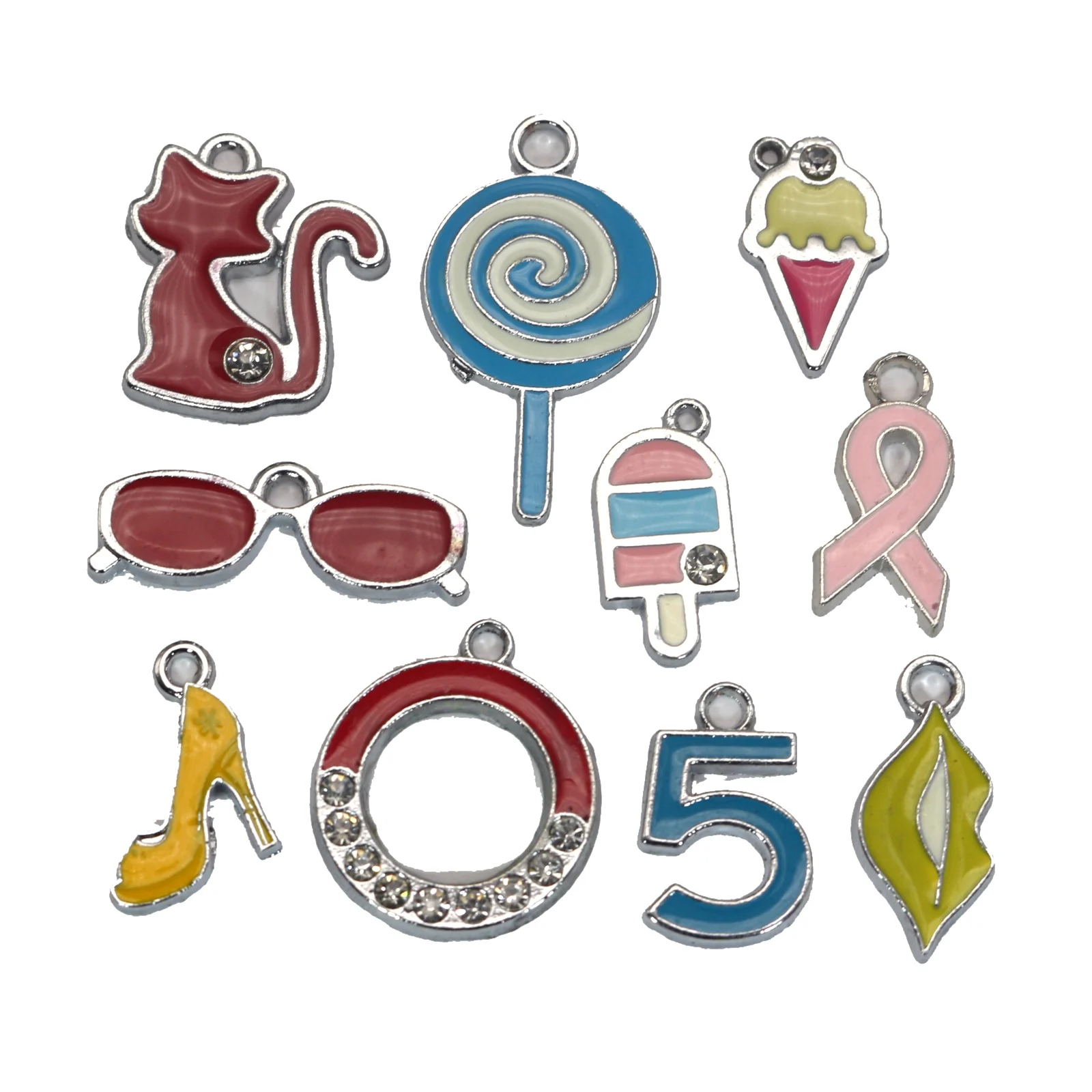 

10 Assorted Silver Enamel Charms Pendants Tags Bracelets Necklace Key Ring