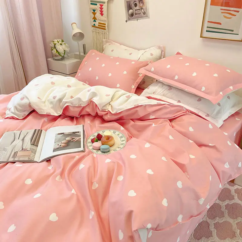 Korean Style Bedding Set Twin Full Queen Size Bed Linen Kids Adult Floral Bed Flat Sheet Pillowcase Black Love Heart Duvet Cover