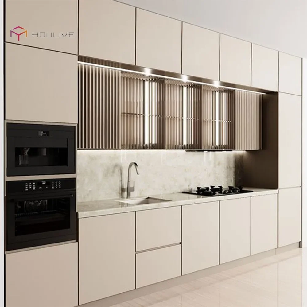 Custom Designed Modern Kitchen Cabinets Wood-Style Panel MDF Carcase Lacquer Door Panel Laminate Sink Custom Joinery Production