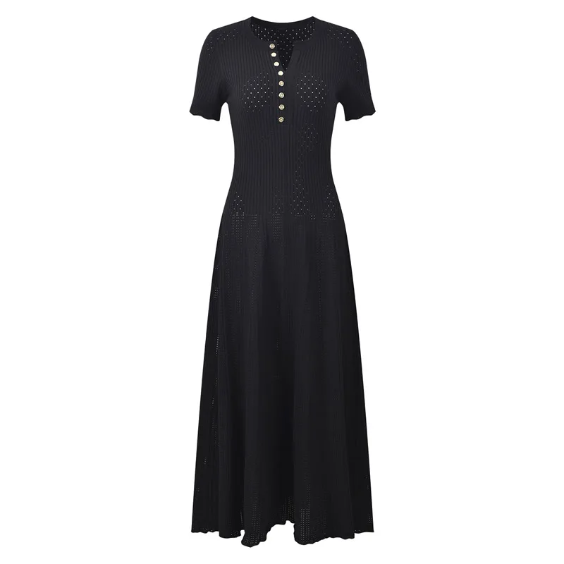 Women Black Solid Knitting Cotton Dress Button Short Sleeve A-Line Dress