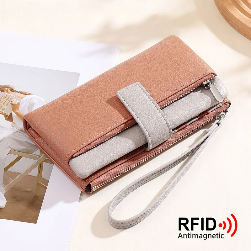 Women's Long Bifold RFID Blocking Wallet Large Capacity Patchwork Design Hand Carry Purse Card Holder