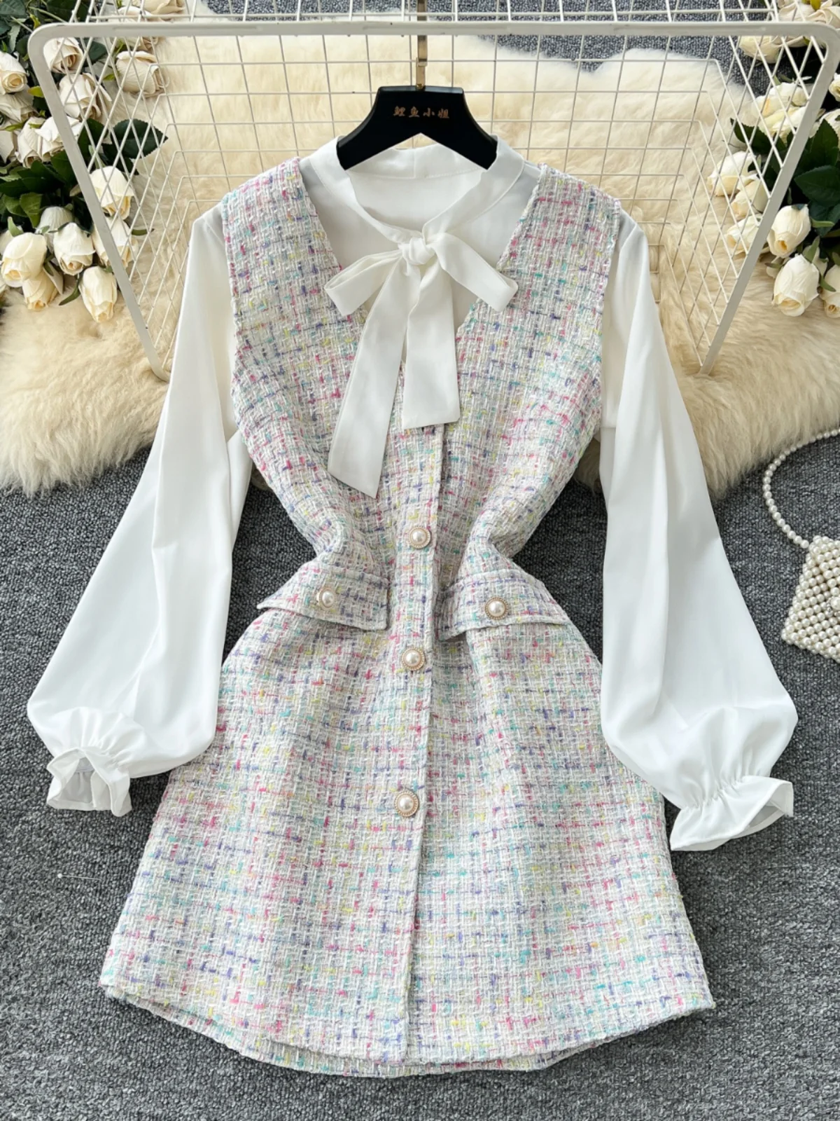 طقم نسائي مكون من قطعتين من Sweet Sle للخريف والشتاء طويل Sve irt No Sve Thiened من الصوف Dr تنورة عالية الخصر على شكل حرف a #3