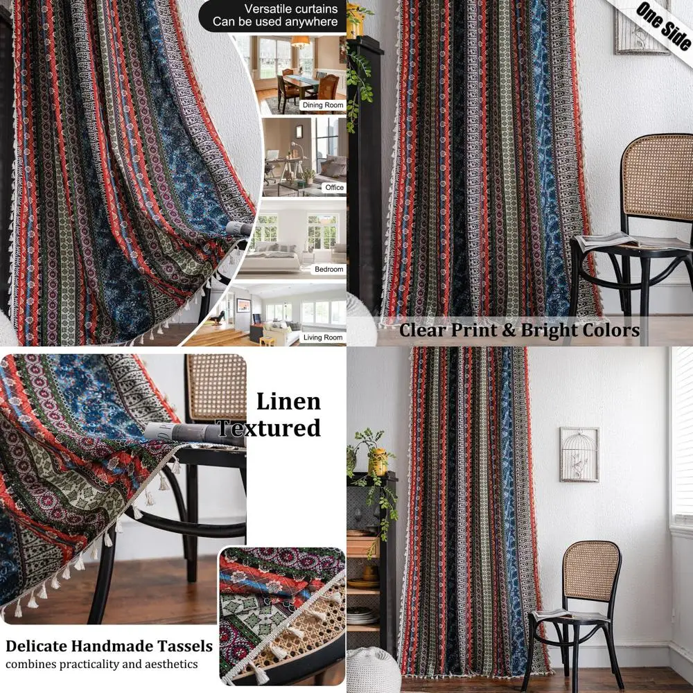 

Красно-синие полосатые полузатемняющие шторы из искусственного льна с кистями, 2 панели, 52 x 84 дюйма, для гостиной или кухни