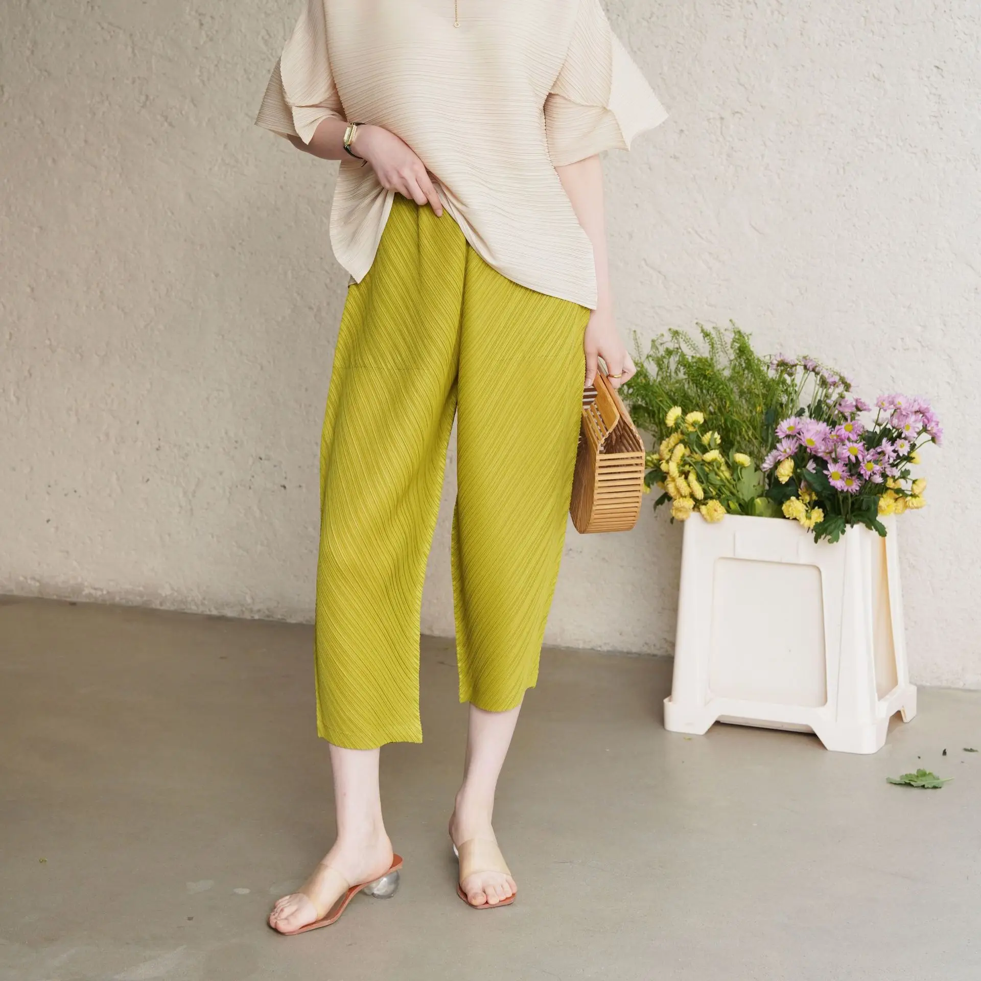 

High Quality Pleated Harlan Casual Loose Pants Spring Summer Autumn High Waist Nine Points Polyester Fiber Ladies Pants