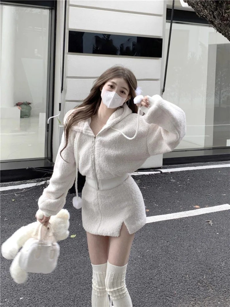 2023 Autumn Pure Color Sweet 2 Piece Skirt Set Women Outwear Casual Hooded Coat + Slim Elegant Mini Skirt Korean Fashion Chic