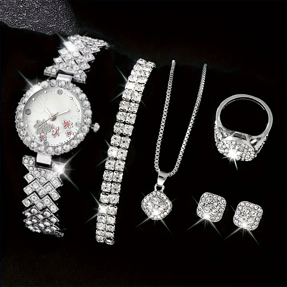 

7pcs/set Women's Watch Elegant Flower Quartz Watch Luxury Rhinestone Analog Wrist Watch & Jewelry Set, Gift For Mom Her