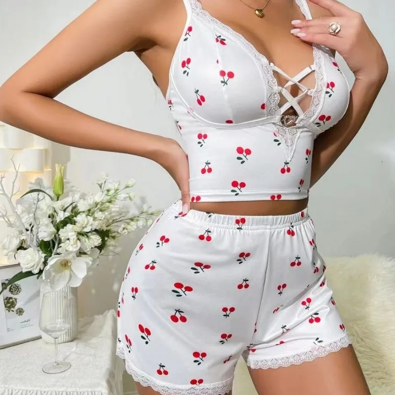 Hot Sale Set 2 Piece Woman Cherry Suspender Pajama Shorts Set Sexy Home Wear Hollowed Out Lace Splicing Woman 2 Piece Set Outfit