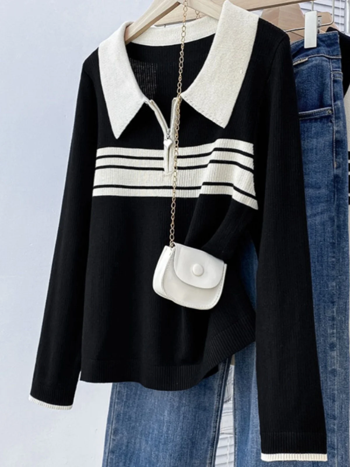 Slim Fit Long Sleeve  Neck Knitted Sweater with Half Zip Inner Shirt Large Size Fat MM Belly Cover Trendy Top for Women