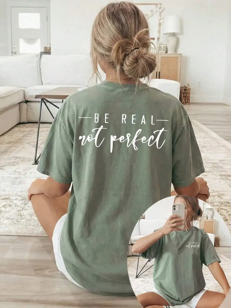 2026 Fashion New Arrival Womens Double Sided Print T Shirt White English Slogan Round Neck Short Sleeve Casual Summer Top Basic Top T Shirt