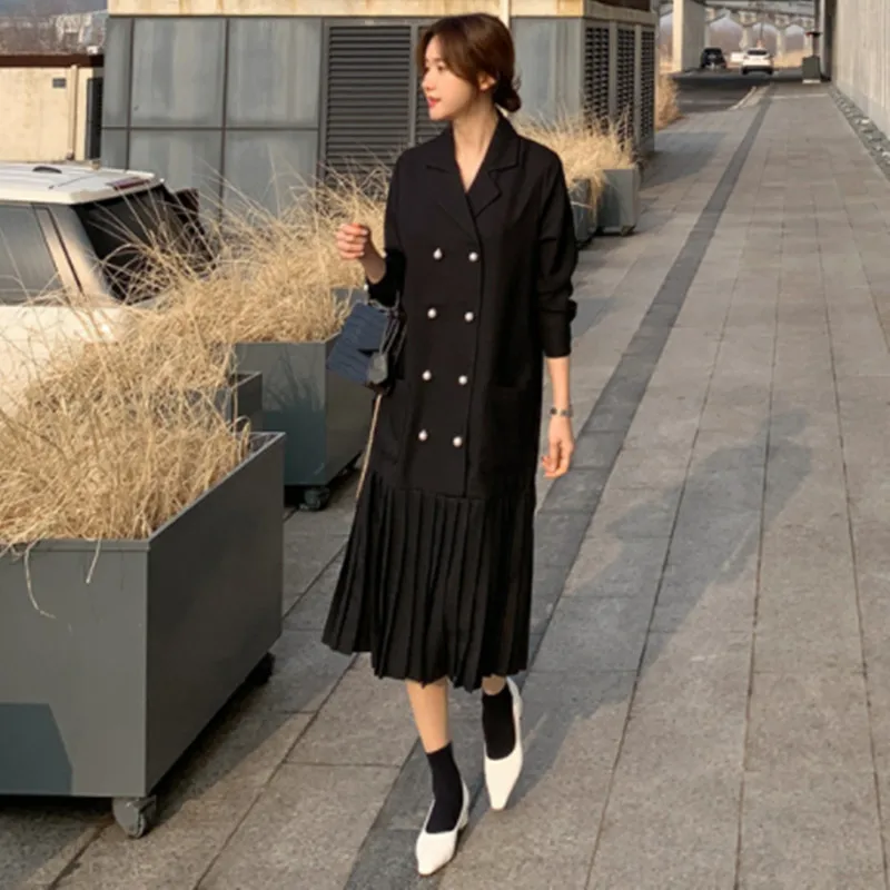 

Весенне-осенний женский костюм миди длиной Jaet, корейский свободный костюм больших размеров, двубортный модный плиссированный костюм Dr Trendy