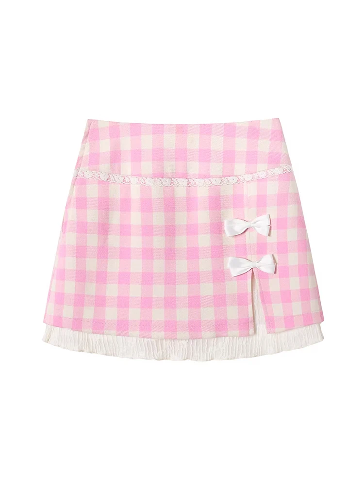 Sweet Dopaamine Women's Summer Short Sleeve T-Shirt And Halter Neck  Skirt Two-Piece Set Pastel Checkered Print Office Ca... view 3
