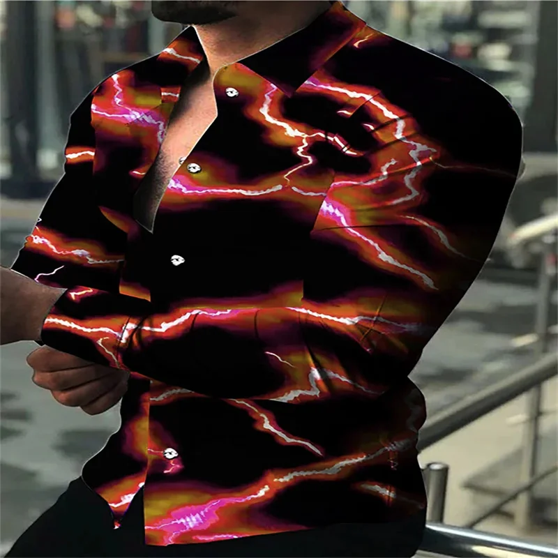 New Men's Shirt Graphic Lightning Roll Water Drop Pink 3D Printed Long Sleeve Single Breasted Party Dress Fashion Design 9 Color