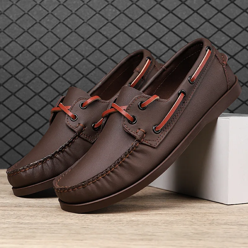 Men's Genuine Leather Slip on Loafers Contrast Strap Moccasin Lightweight Non Slip Driving Shoes Business Casual Daily Footwear