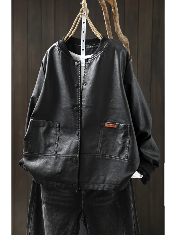 Casual Long Sve Stand Collar PU Leather Jaet Women's Personali Splicing Baseball Coat Trendy Autumn New Ba Ear Mus...