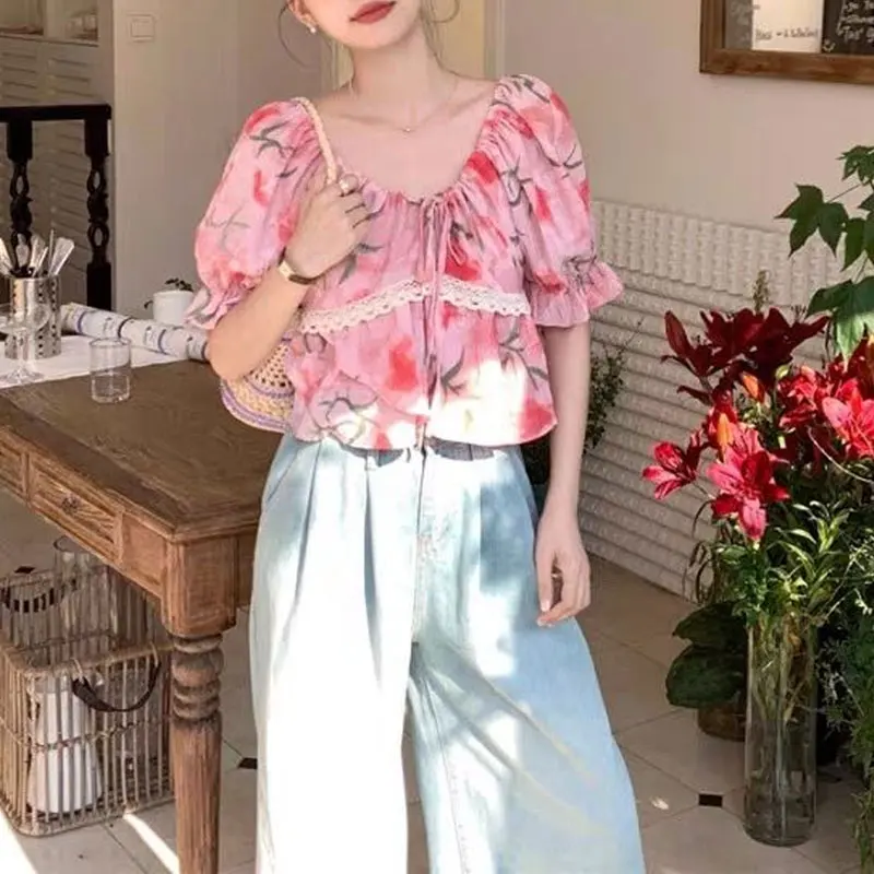 Fashion Lace Ruffles Spliced Blouse Women\'s Clothing Sweet Drawstring Broken Flowers 2024 Summer V-Neck Loose Short Sleeve Shirt