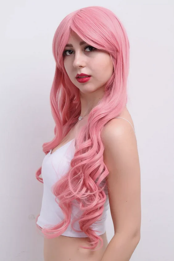 Woman Natural Smooth Synthetie Long Wavy Cosplay Wig Party Pink Wigs