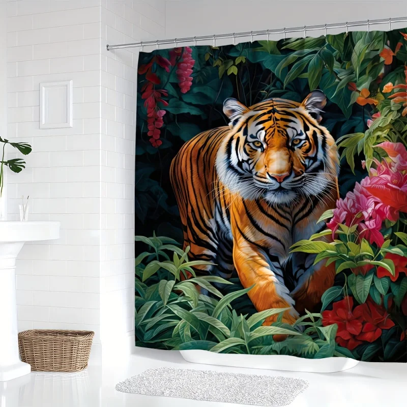 YWJHUI Water-Resistant Polyester Shower Curtain with Jungle Tiger Floral Print, Machine Washable, Includes Hooks, Animal and Flo