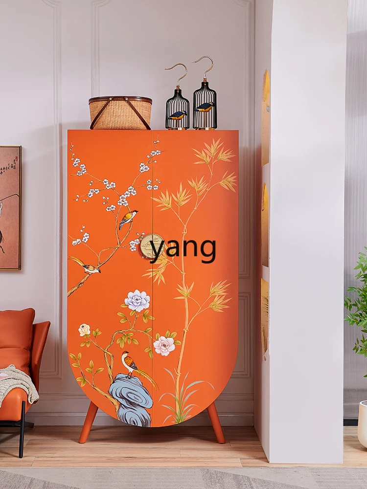 LMM New Chinese Style Living Room Decoration Clothes Closet Bedroom Storage Orange Hand Painted Side Cabinet