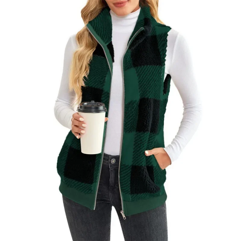 Autumn and winter women\'s waistcoat new plaid comfortable velvet cardigan vest stand collar sleeveless coat women\'s clothing