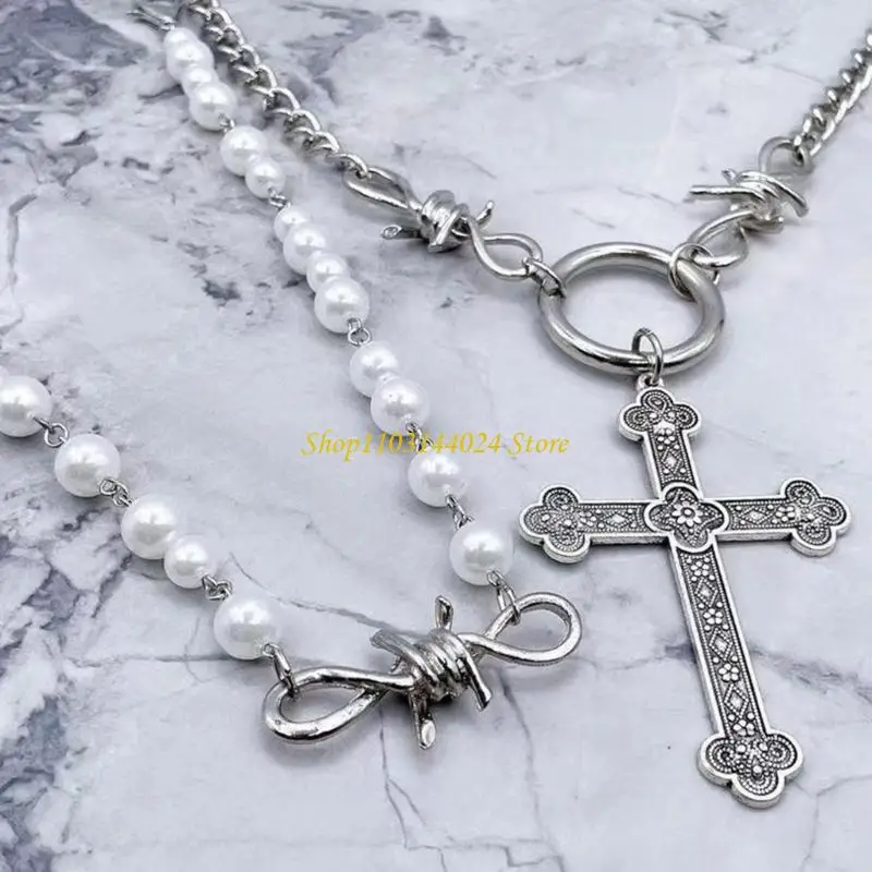 N5KE Gothic Cross-Pendant Necklace Hip Hop Barbed Wire Thorns Choker Necklace