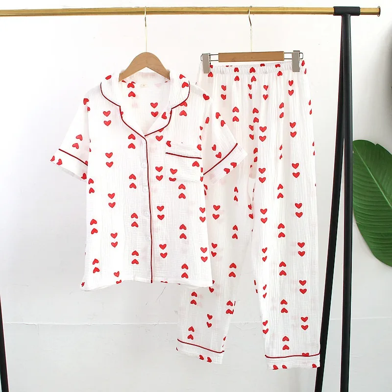 100% Crepe Cotton Female Sleepwear Summer Women Pajamas 3 Pieces Set Bedroom Set Short sleeved long pants + shorts Woman Pijama