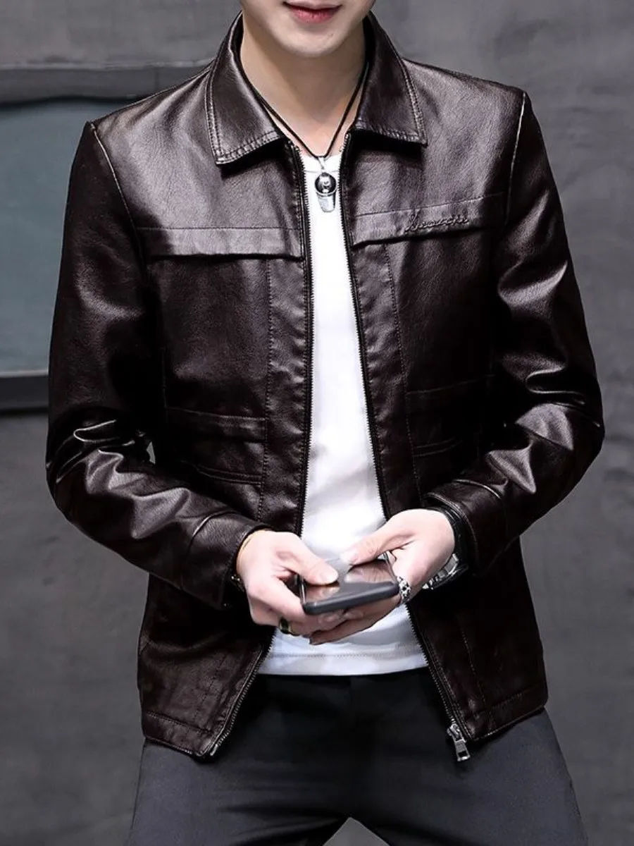 

Casual Faionable Men's Motorcycle Jaet Slim Fit Korean Sle Spring Autumn Leather Coat Long Sve Zipper Closure Cleanfit