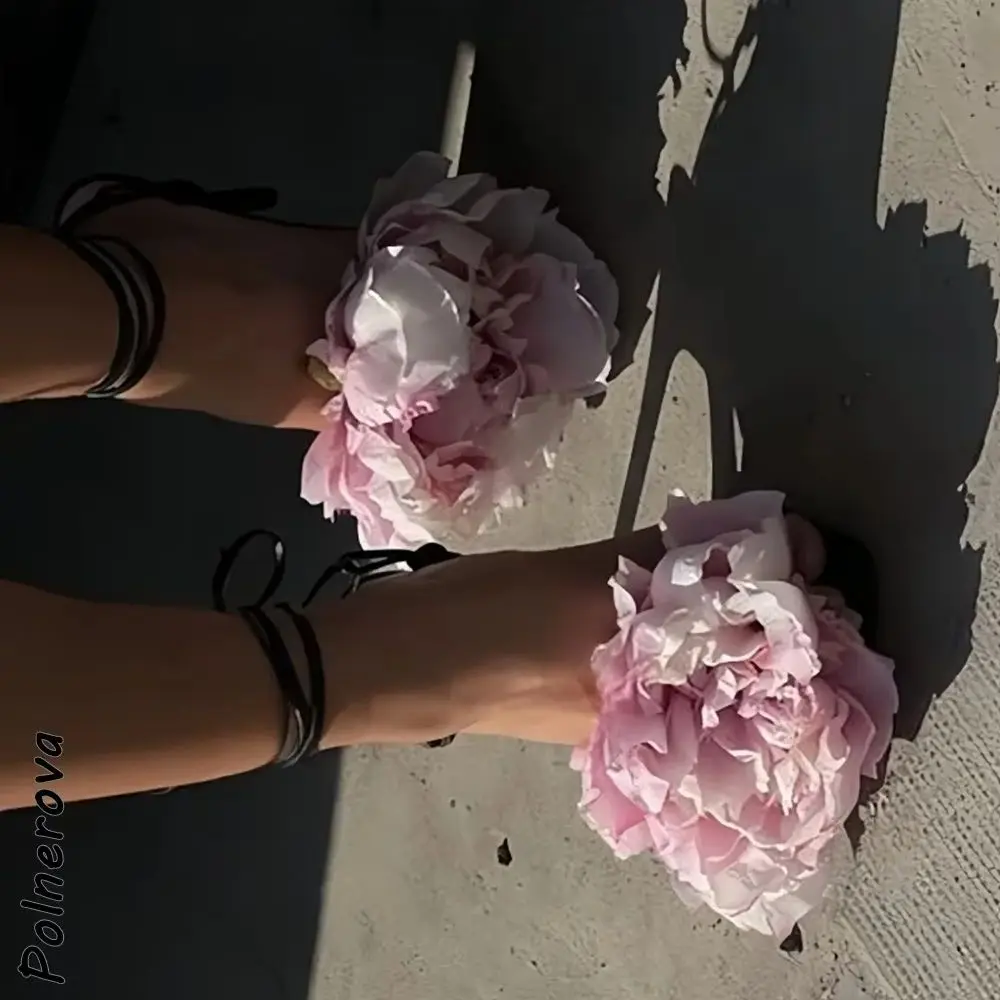 Pink Flower Sandals Straight Strap Black Ankle Band Lace Up Square Toe Thin Heels Slingback Shoes Summer Bloom Elegant Shoes