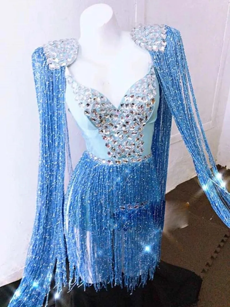 여성 블루 태슬 라인스톤 섹시 바디수트 가수 댄서 무대 의상 핑크 나이트클럽 바 파티 무대 의상 프린지 코스튬
