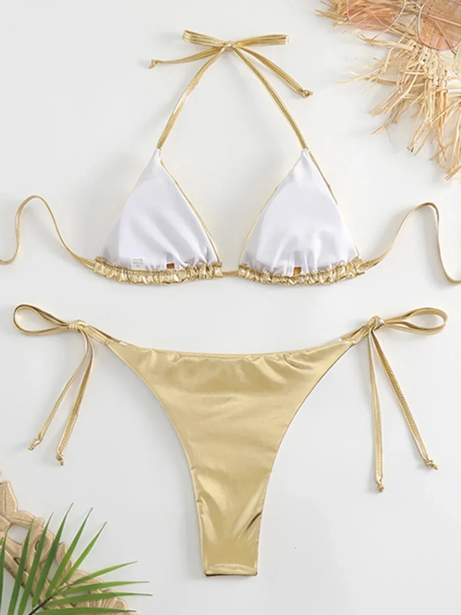 Sexy Halter Shiny PU Micro Bikini 2025 Women Swimsuit Female Brazilian Swimwear Two Pieces Bikini set High cut Bathing Suit Swim