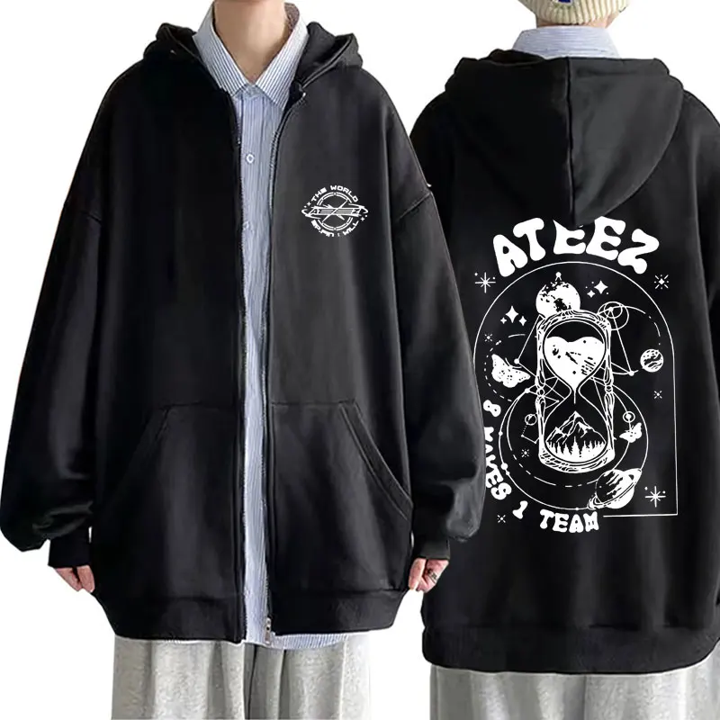 Ateez Fin Wjll Album Sudadera con capucha con cremallera para hombre y mujer, chaqueta con cremallera Kpop a la moda, Sudadera con capucha informal de gran tamaño